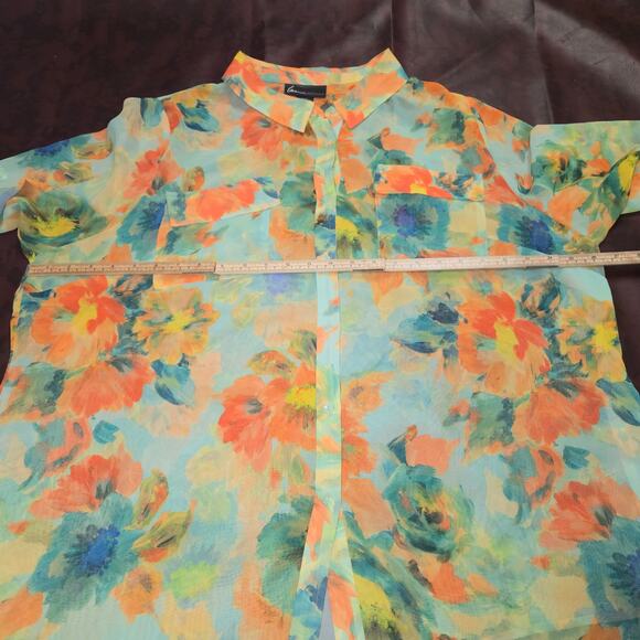 Lane Bryant 22/24 Sheer Floral Blouse Mint Green Orange Watercolor Tunic Flowy - Picture 7 of 9